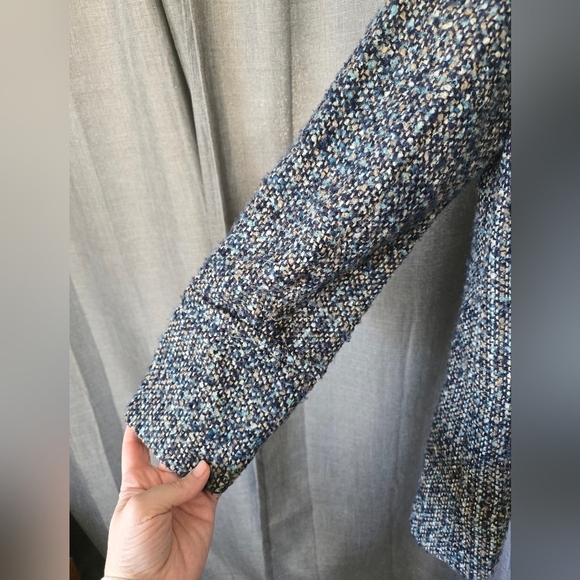 Talbots Size 12 Italian Navy Blue Tan Tweed Snap Front Cardigan Sweater Coat - Picture 3 of 6